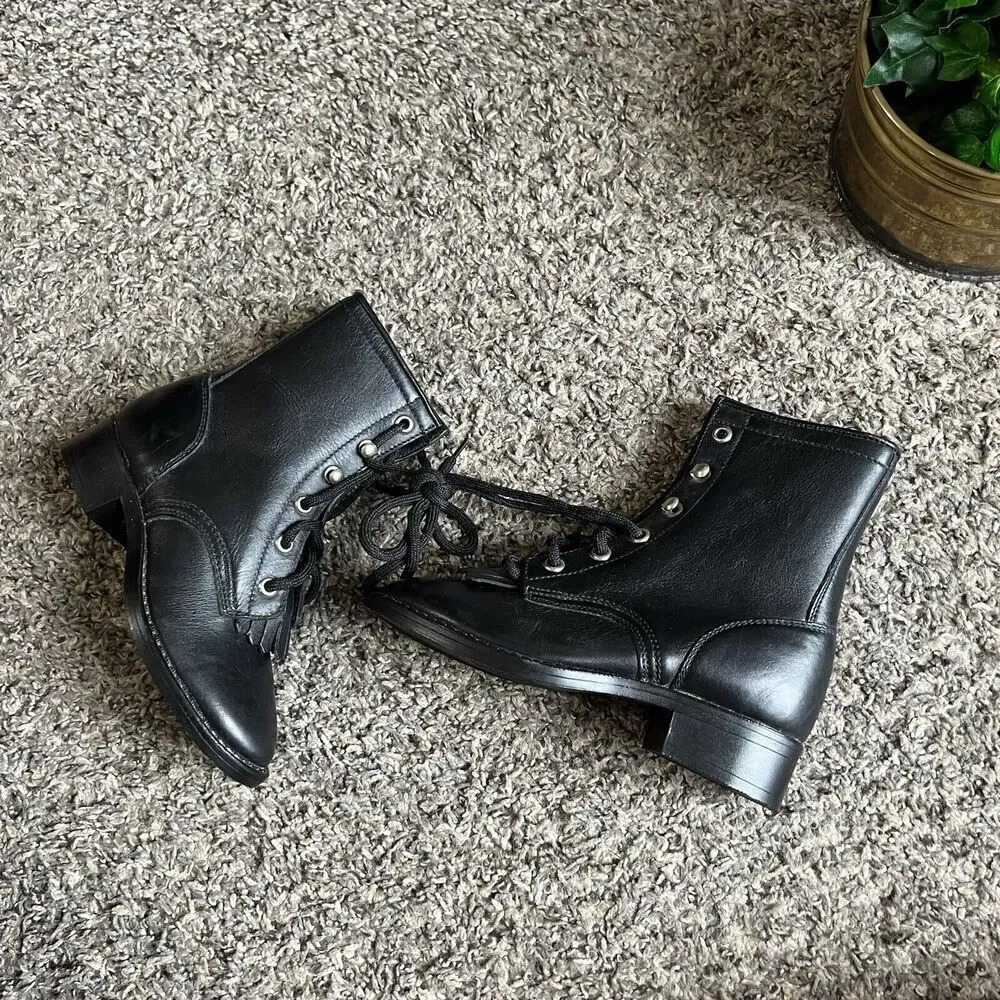 Vintage Kids Black Leather Western cowboy Boots Size 10.5 kiltie Lace Up new